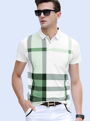AOOSH Checkered Men Polo Neck White, Green T-Shirt