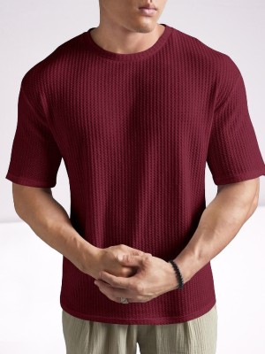 TEEMEX Striped Men Round Neck Maroon T-Shirt