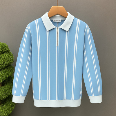 Conway Striped Men Zip Neck Light Blue T-Shirt