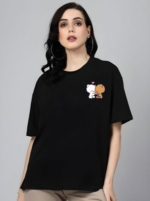 Moda Rapido Printed, Solid Women Round Neck Black T-Shirt
