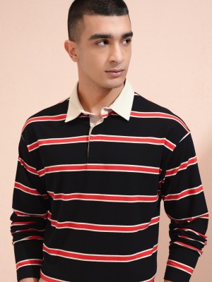 HIGHLANDER Striped Men Polo Neck Black, Red T-Shirt