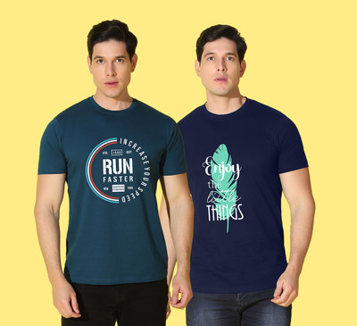 WOOSTRO Printed Men Round Neck Blue T-Shirt