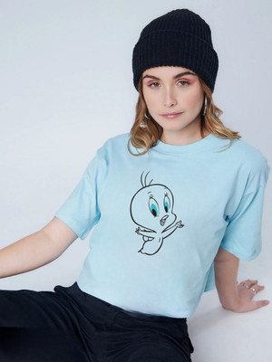 SPOWEARY Self Design Women Round Neck Light Blue T-Shirt
