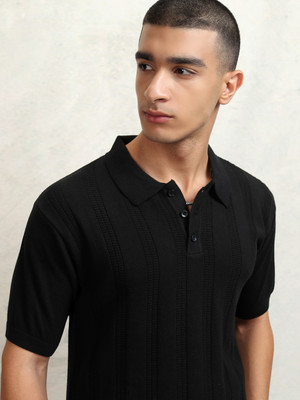 HIGHLANDER Self Design Men Polo Neck Black T-Shirt