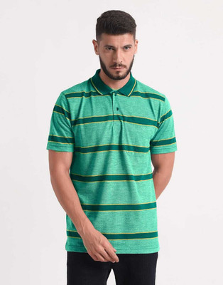 INKKR Striped Men Polo Neck Dark Green T-Shirt