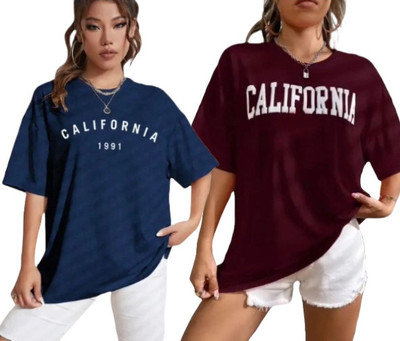 DIAZ Printed Women Round Neck Navy Blue, Maroon T-Shirt