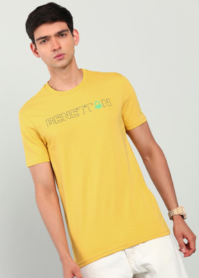United Colors of Benetton Typography Men Round Neck Yellow T-Shirt