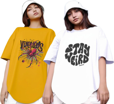 RS FASHION Printed Women Round Neck Yellow, White T-Shirt