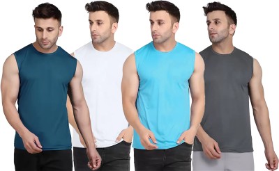 Think Tech Solid Men Round Neck Blue, White, Light Blue, Grey T-Shirt