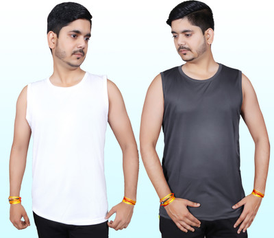 geetaffashion Solid Men Round Neck White, Black T-Shirt