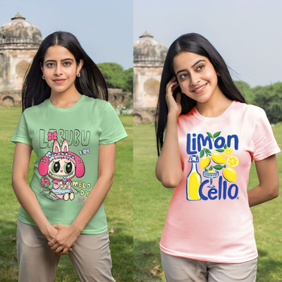 Parona Printed Women Round Neck Green, Pink T-Shirt