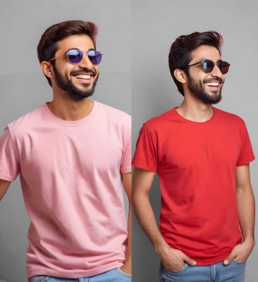 Memat Solid Men Round Neck Pink, Red T-Shirt