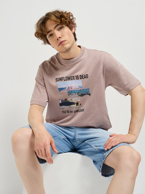 THE BEAR HOUSE Self Design Men Round Neck Beige T-Shirt