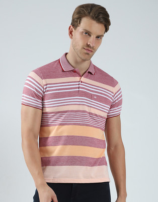 MONTE CARLO Striped Men Polo Neck Maroon T-Shirt