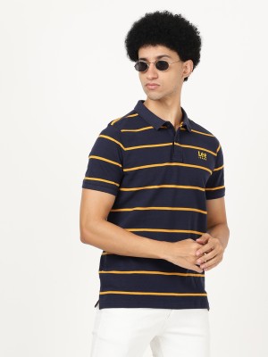 LEE Striped Men Polo Neck Blue T-Shirt