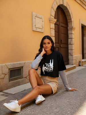 Glitchez Printed Women Round Neck Black T-Shirt