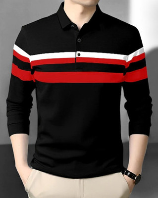 FAOES Striped Men Polo Neck Black T-Shirt