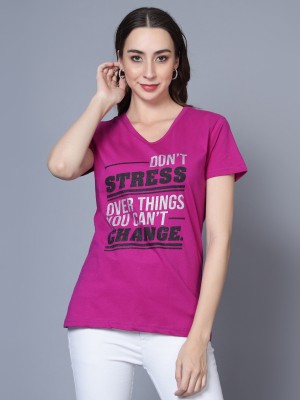 Fleximaa Typography Women V Neck Pink T-Shirt