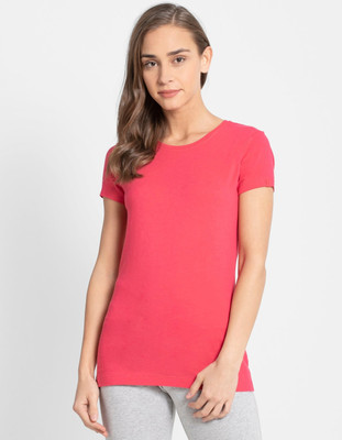 JOCKEY Solid Women Round Neck Pink T-Shirt