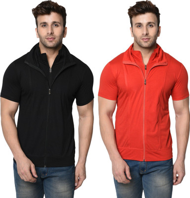 JB Jangoboy Self Design, Solid Men High Neck Red, Black T-Shirt