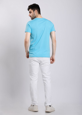 HIGHTRIBE Printed Men Round Neck Light Blue T-Shirt