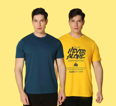 WOOSTRO Solid, Typography Men Round Neck Dark Blue, Yellow T-Shirt