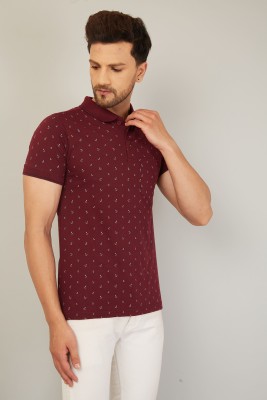 We Perfect Printed Men Polo Neck Maroon T-Shirt