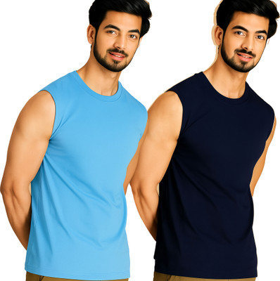Jangoboy Solid Men Round Neck Blue, Black T-Shirt