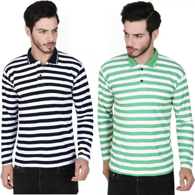 cnw Striped Men Polo Neck Black, Green T-Shirt