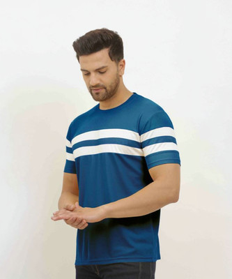 Denzolee Striped Men Round Neck Blue T-Shirt