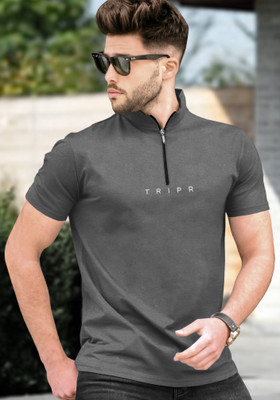 TRIPR Solid Men Mandarin Collar Grey T-Shirt