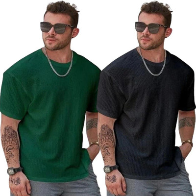 COPEHHI Solid Men Round Neck Green, Black T-Shirt