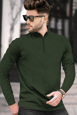 TRIPR Solid Men Henley Neck Dark Green T-Shirt