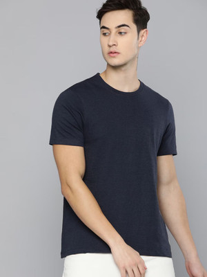 RULEDBYSUN Solid Men Round Neck Navy Blue T-Shirt