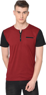 GLITO Colorblock Men Henley Neck Maroon T-Shirt