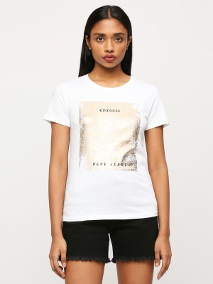 Pepe Jeans Printed, Typography Women Round Neck White T-Shirt