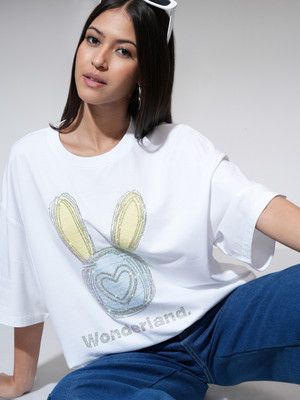Tokyo Talkies Self Design Women Round Neck White T-Shirt