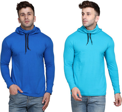 Money Leaf Solid Men Hooded Neck Light Blue, Blue T-Shirt