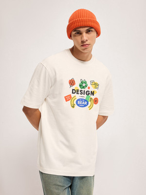 THE BEAR HOUSE Self Design Men Round Neck Beige T-Shirt