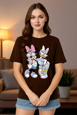 Elvia Graphic Print Women Round Neck Brown T-Shirt