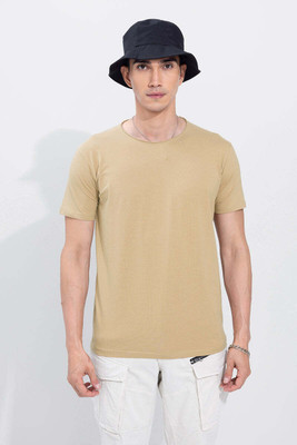 Snitch Solid Men Round Neck Beige T-Shirt