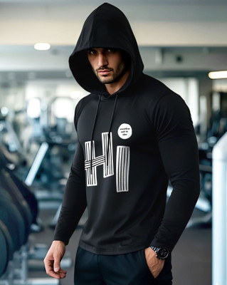 ENITOR Printed Men Hooded Neck Black T-Shirt
