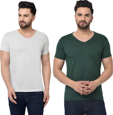Tresna Trending Solid Men V Neck Dark Green, Grey T-Shirt