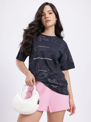 Glitchez Printed Women Round Neck Blue T-Shirt