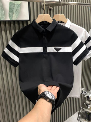 Conflictsales Striped Men Polo Neck Black T-Shirt