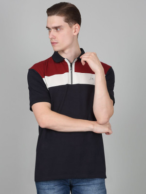 CANTABIL Colorblock Men Polo Neck Navy Blue T-Shirt