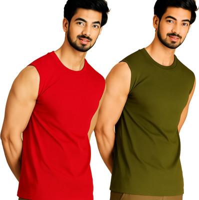 Moordale Solid Men Round Neck Red, Dark Green T-Shirt
