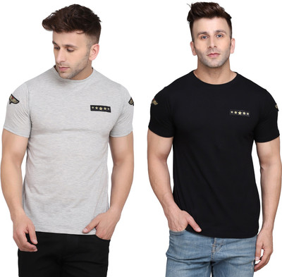 GEUM Solid Men Round Neck Silver, Black T-Shirt