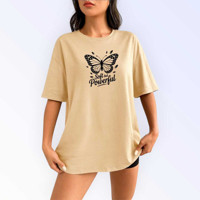 Stylicity Printed Women Round Neck Beige T-Shirt