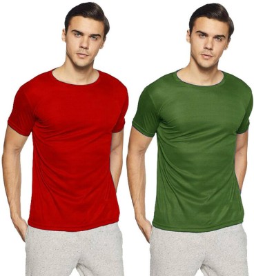 Femto Solid Men Round Neck Maroon, Dark Green T-Shirt